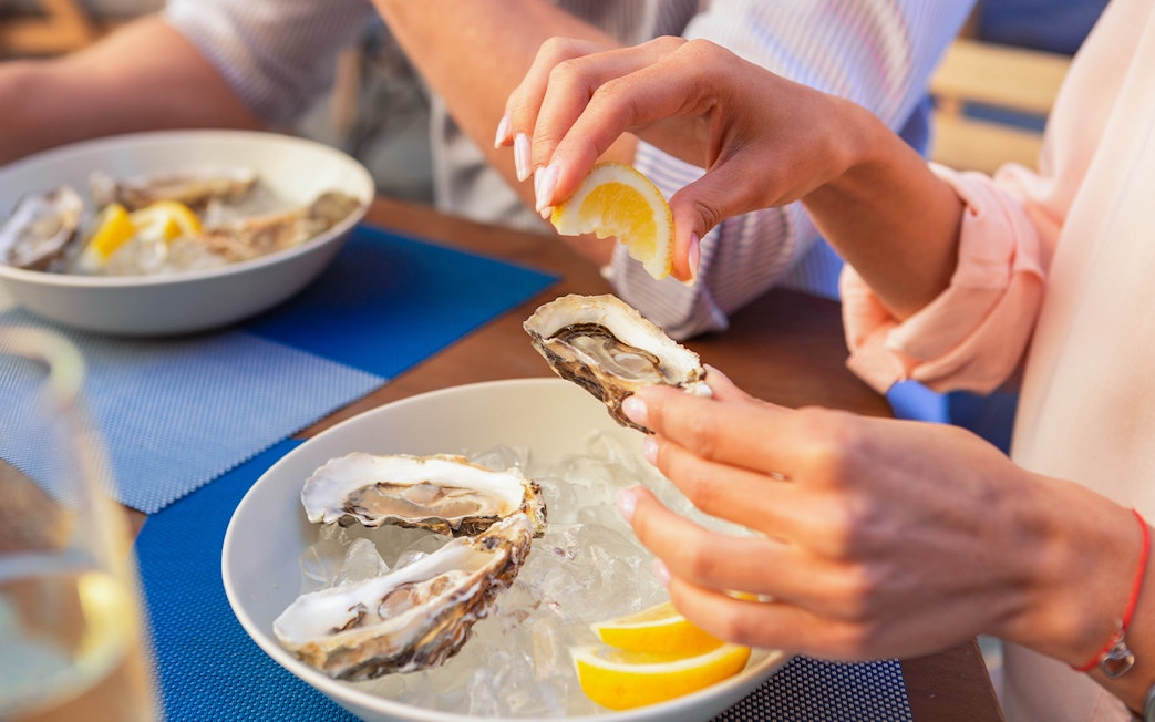 Tour group enjoying fresh oysters with lemon on Bruny Island coastline.