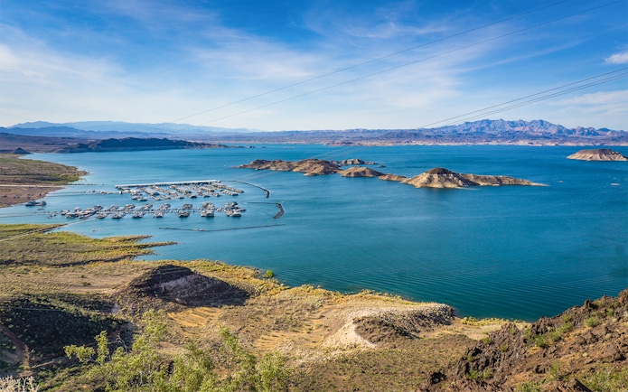 Lake Mead view near Hoover Dam with marina and surrounding hills.
