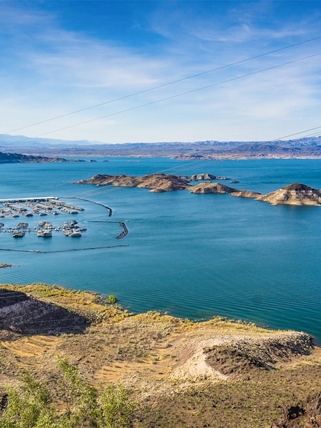 Lake Mead view near Hoover Dam with marina and surrounding hills.