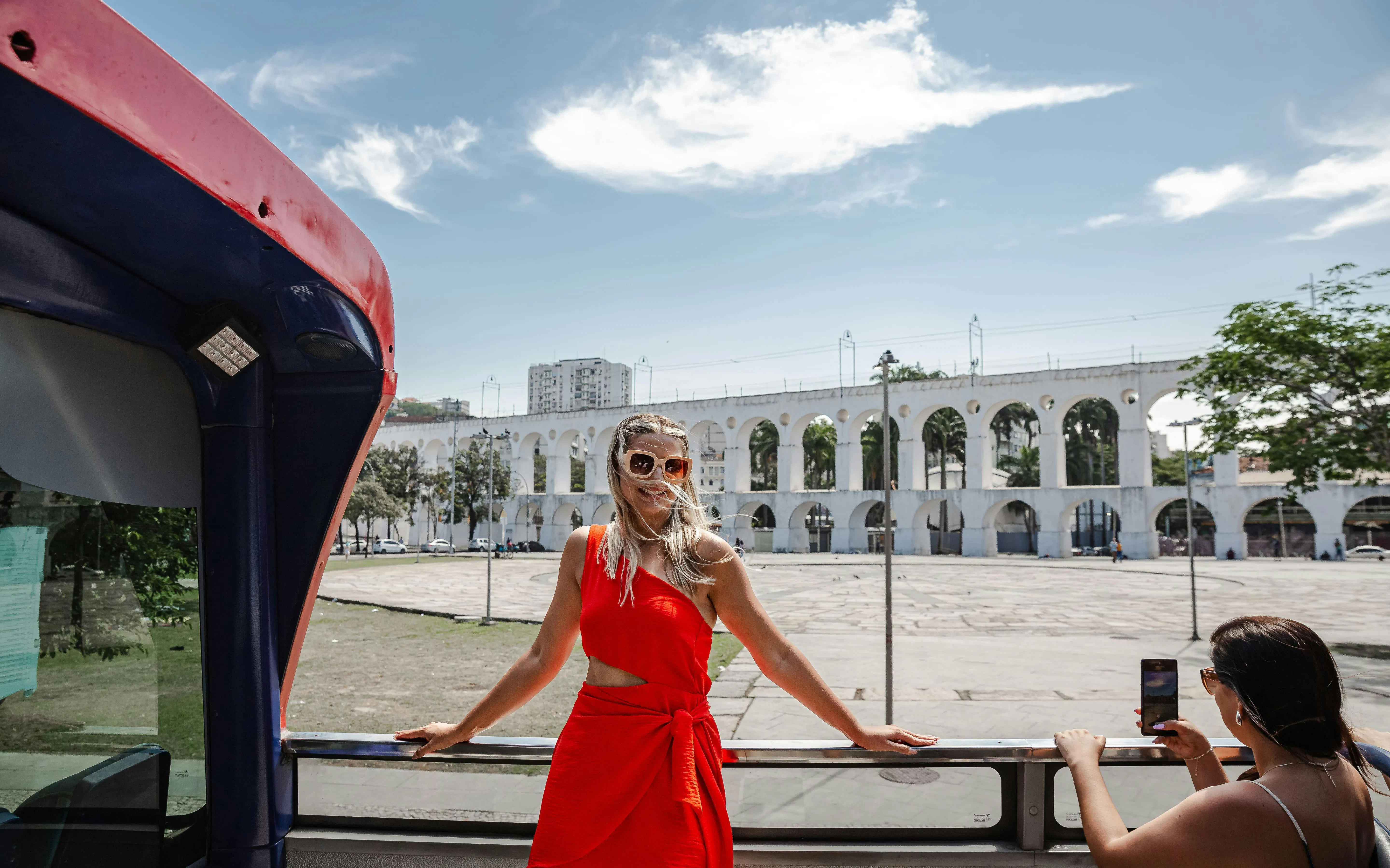Hop-on hop-off bus tour in Rio de Janeiro with view of Arcos da Lapa.