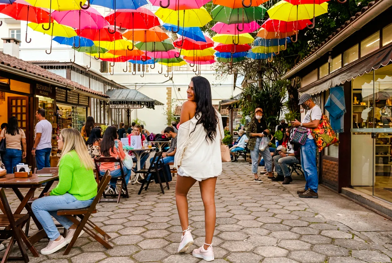 Colorful umbrellas hanging over a lively street market in Petrópolis, Rio de Janeiro.
