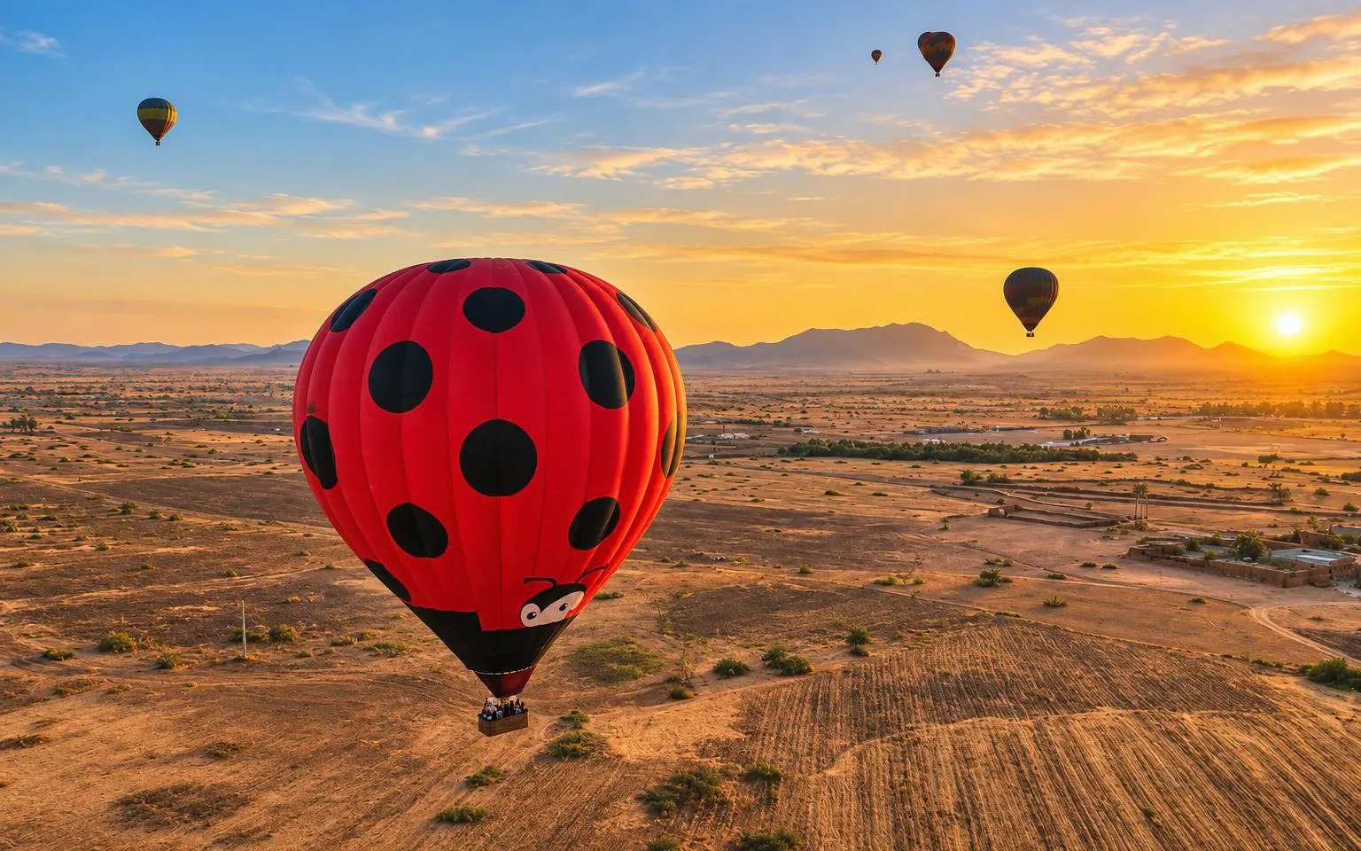 Hot air balloon with ladybug design floating over desert landscape near Marrakech at sunrise.