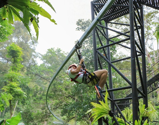 Ziplining through lush forest at Hanuman World, Thailand.