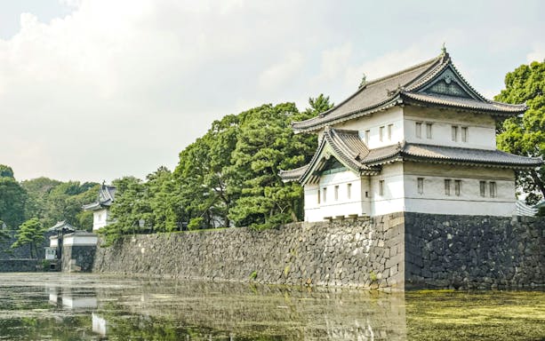Tokyo Imperial Palace with traditional architecture and surrounding moat.