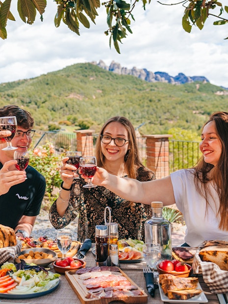 Tourists toasting with wine at Montserrat Monastery lunch table.