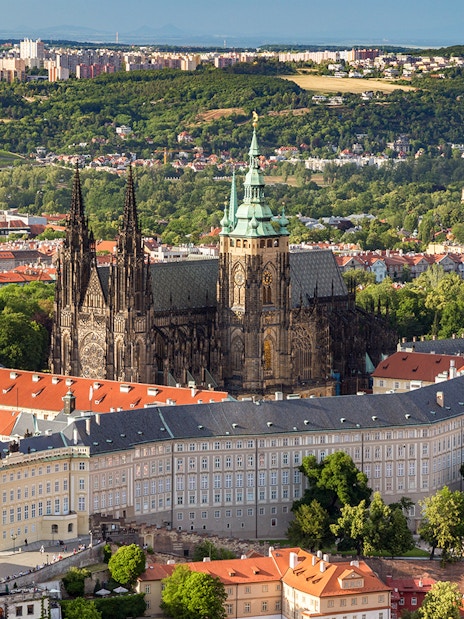 Aerial view of St. Vitus Cathedral and Prague Castle complex in Prague.