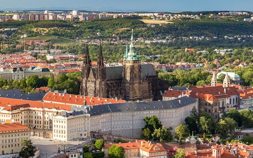 Aerial view of St. Vitus Cathedral and Prague Castle complex in Prague.