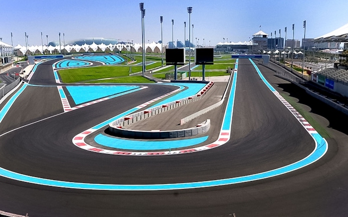 Yas Marina Circuit track with blue and white curbs, Abu Dhabi.