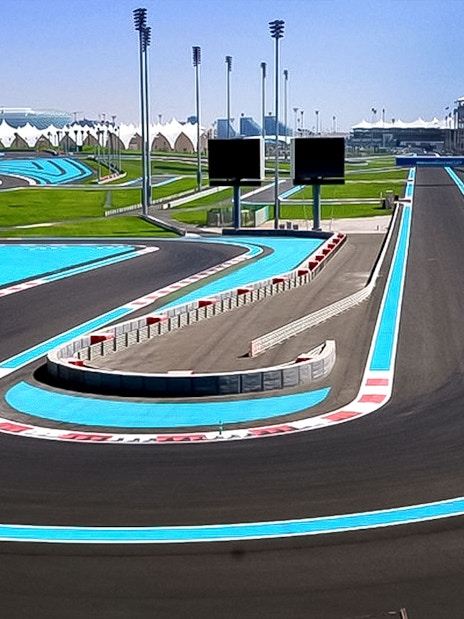 Yas Marina Circuit track with blue and white curbs, Abu Dhabi.