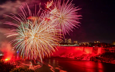 Fireworks display over illuminated Niagara Falls at night.