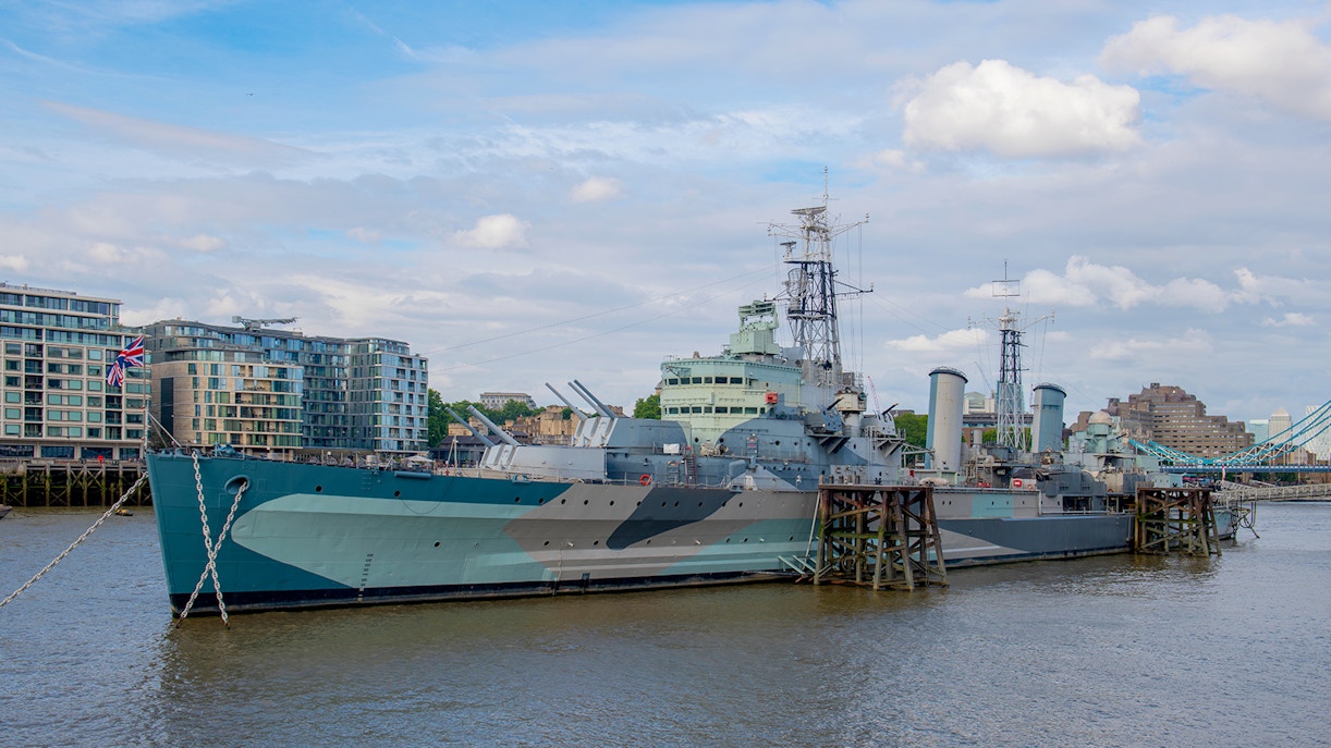 Battleship HMS Belfast moored on the River Thames in London.