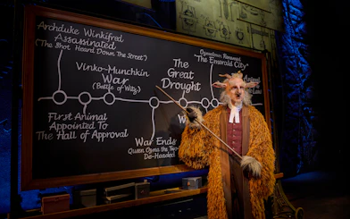 Professor in costume pointing at a chalkboard with historical events from the musical Wicked.