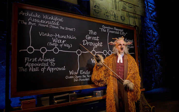 Professor in costume pointing at a chalkboard with historical events from the musical Wicked.