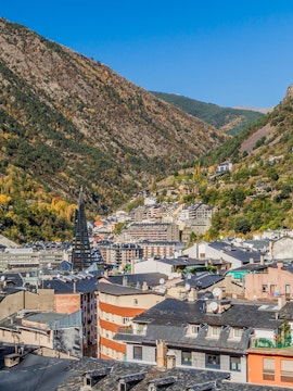 Aerial view of Escaldes-Engordany town with surrounding mountains, Andorra.
