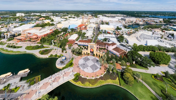 Aerial view of Universal Orlando with theme park attractions and surrounding landscape.