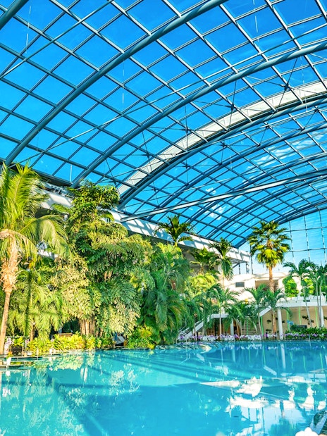 Therme Bucuresti indoor pool with lush tropical plants and glass ceiling.