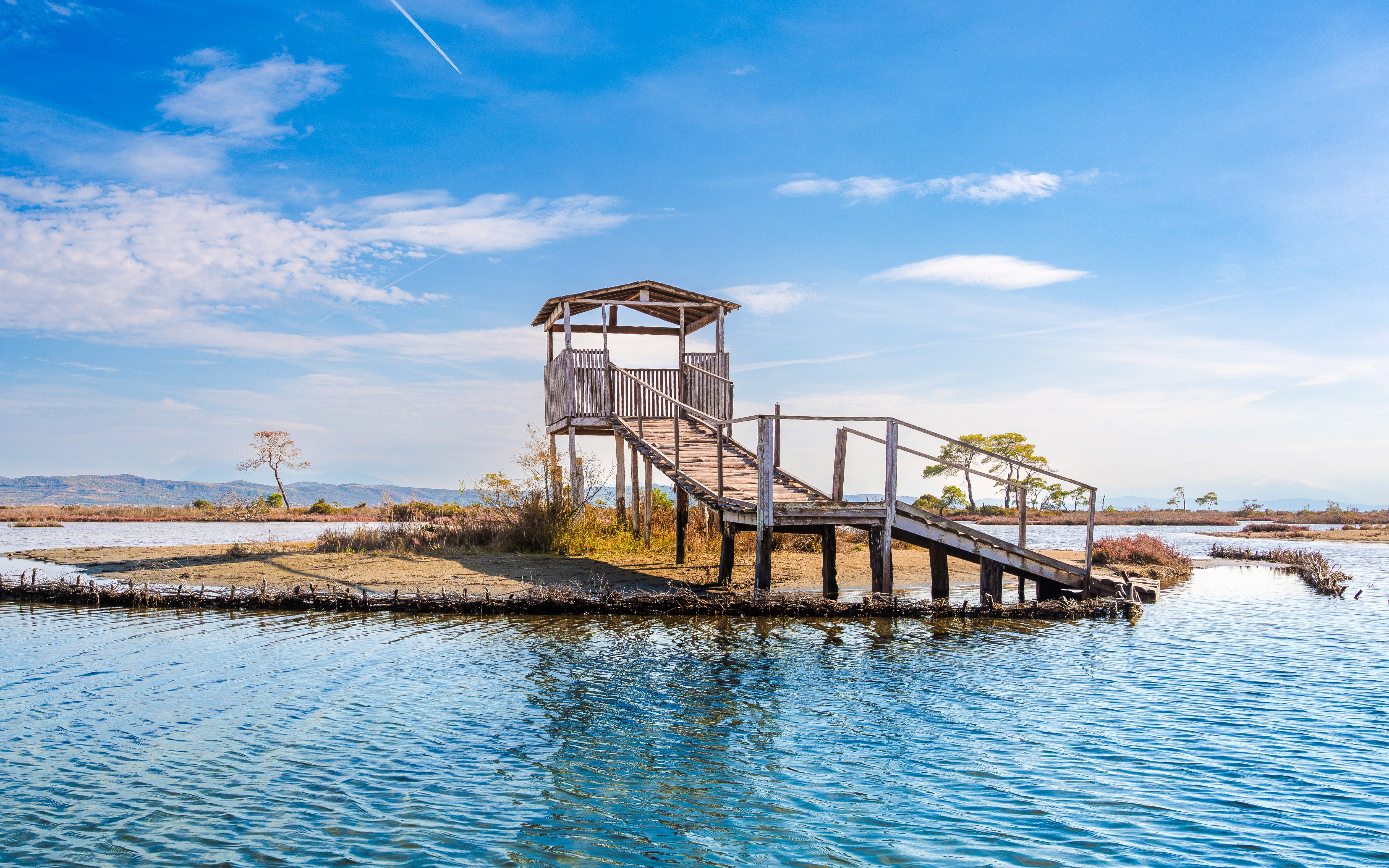 Observation platform overlooking the Lagoon of Karavasta, Albania.