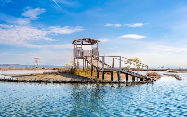 Observation platform overlooking the Lagoon of Karavasta, Albania.