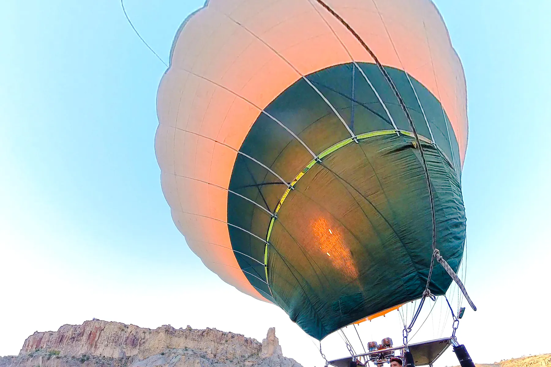 Hot air balloon ascending over Ihlara Valley, Cappadocia.