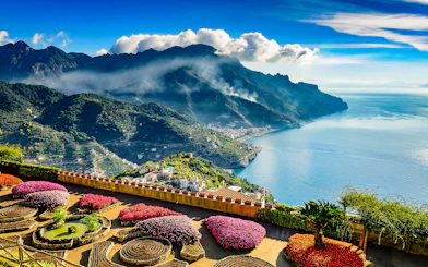 Amalfi Coast view from Ravello with terraced gardens and sea.