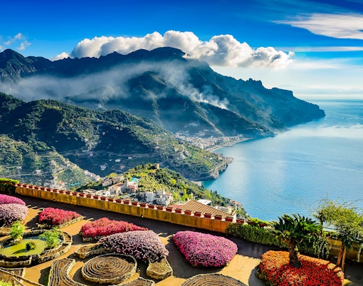 Amalfi Coast view from Ravello with coastline and sea in the background.