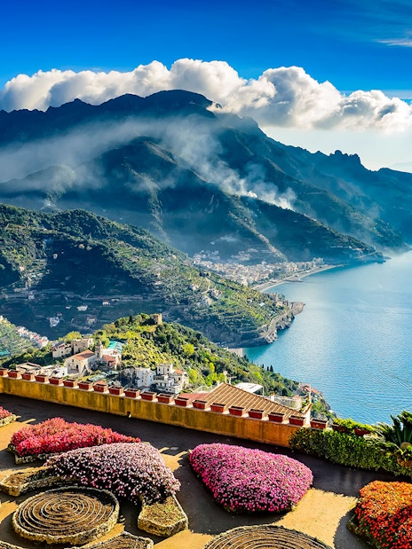 Amalfi Coast view from Ravello with terraced gardens and sea.