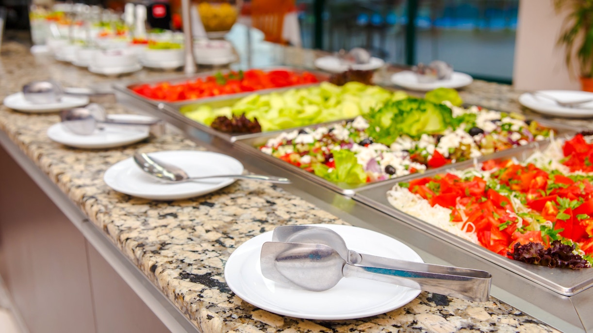 Greek buffet lunch spread on a cruise from Rhodes.