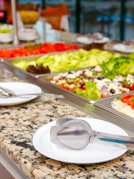 Greek buffet lunch spread on a cruise from Rhodes.