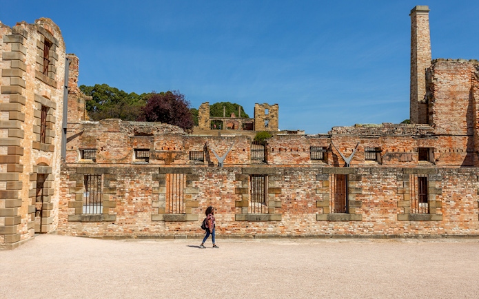 Port Arthur historic site ruins under blue sky, Tasmania.