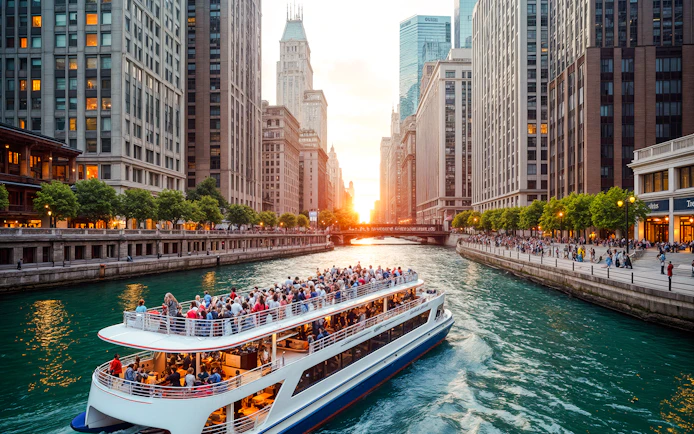 Tour boat on Chicago River at sunset, surrounded by tall buildings and orange sky.