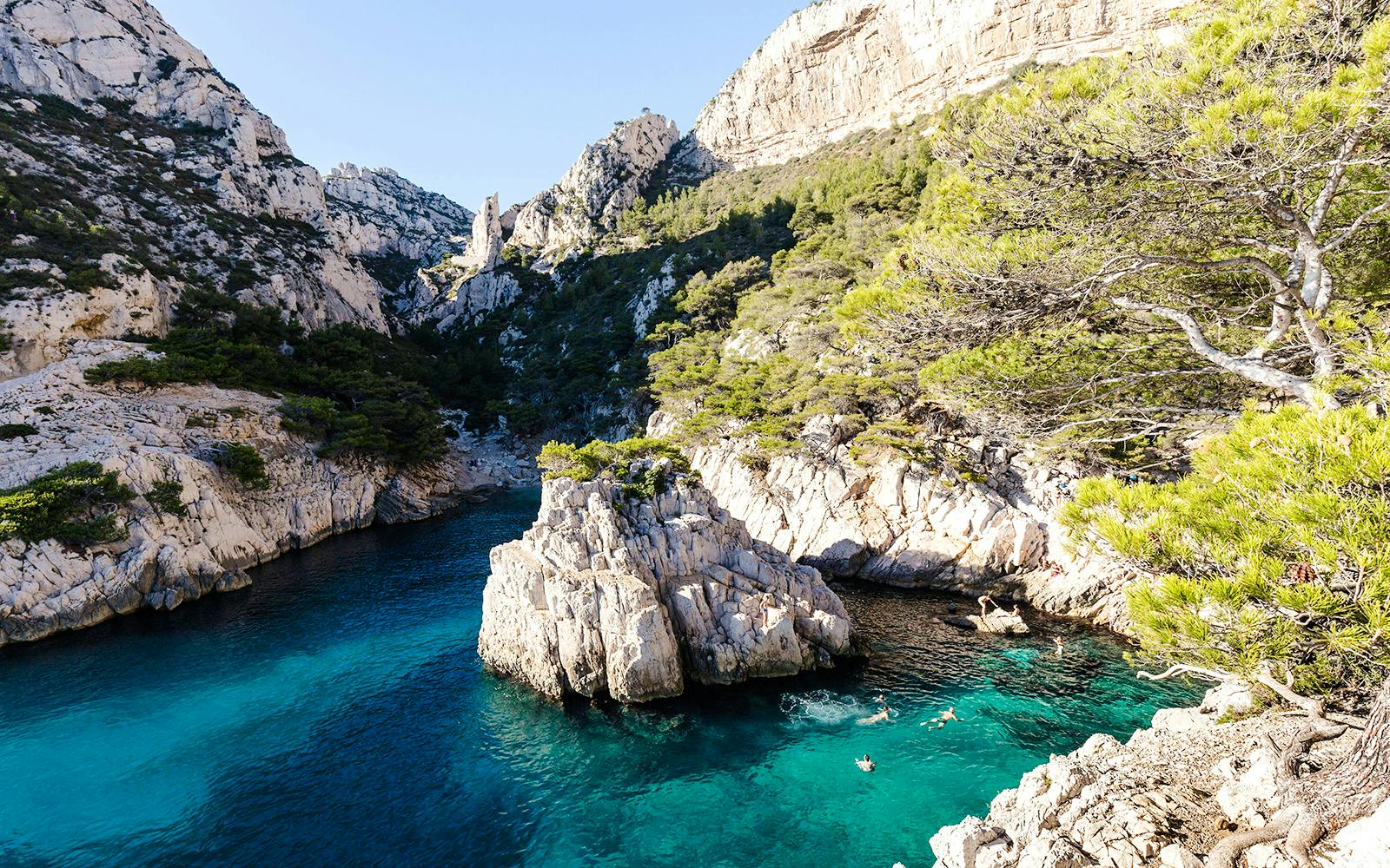 Sailboats in turquoise waters of Calanques National Park, France, surrounded by rocky cliffs and pine trees.