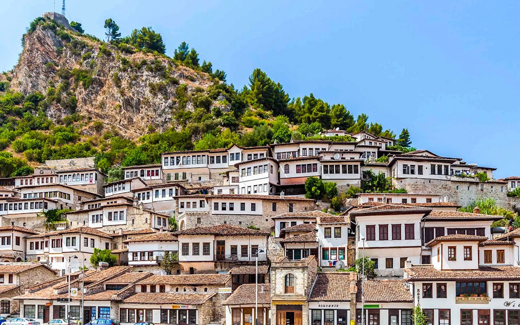 Berat old town hillside with traditional Ottoman houses.