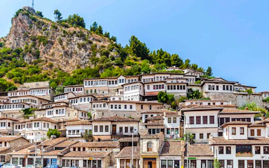 Berat old town hillside with traditional Ottoman houses.