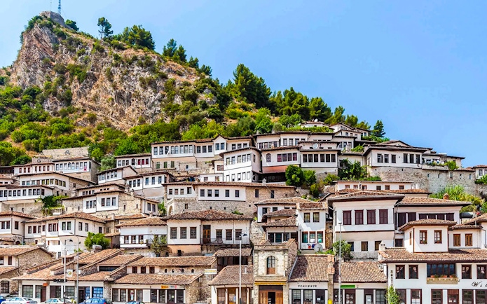 Berat old town hillside with traditional Ottoman houses.