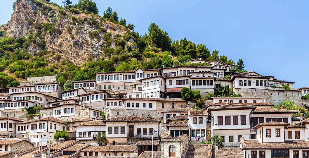 Berat old town hillside with traditional Ottoman houses.