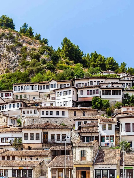 Berat old town hillside with traditional Ottoman houses.