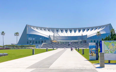 Entrance to Marine World Uminonakamichi with unique architectural design in Fukuoka, Japan.