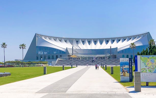 Entrance to Marine World Uminonakamichi with unique architectural design in Fukuoka, Japan.