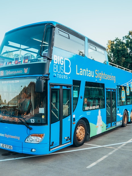 Lantau Island sightseeing bus parked in an empty lot, ready for hop-on hop-off tour.