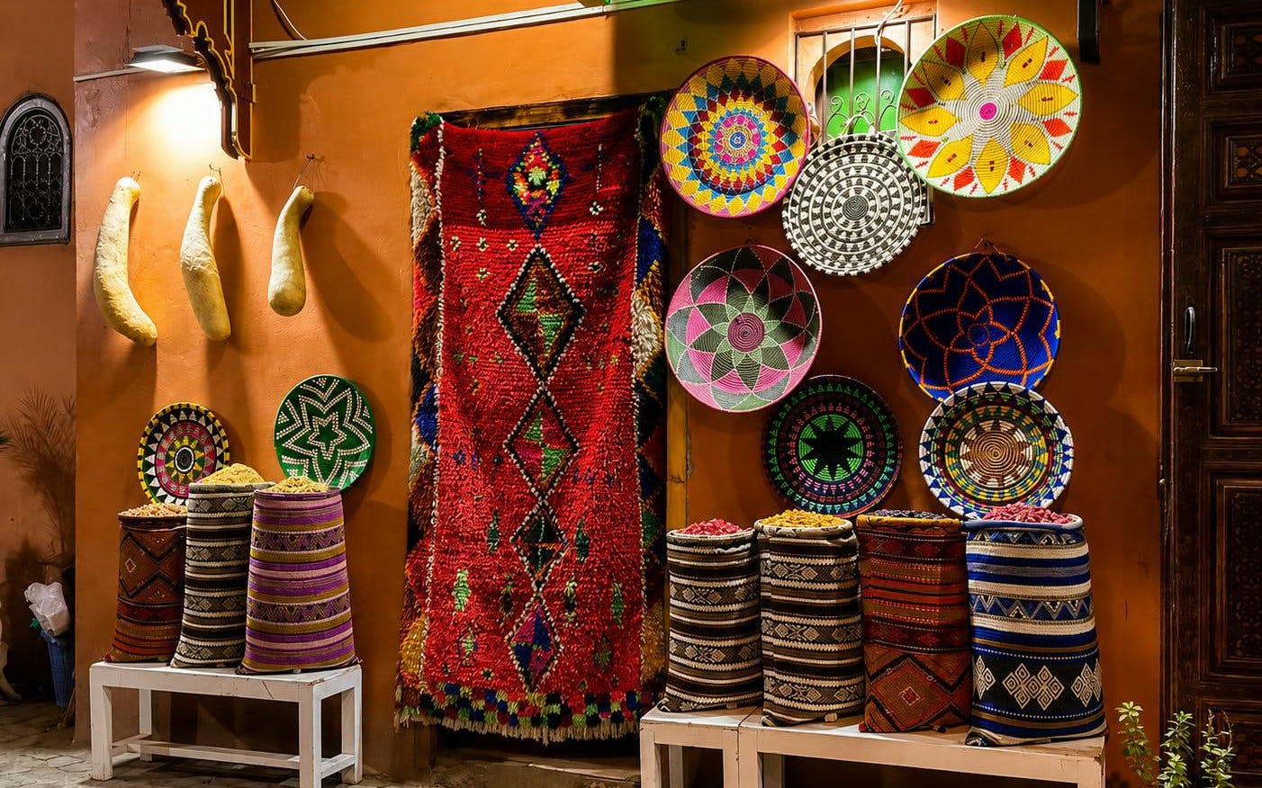 Colorful woven baskets and rugs displayed in Marrakech's Medina market.