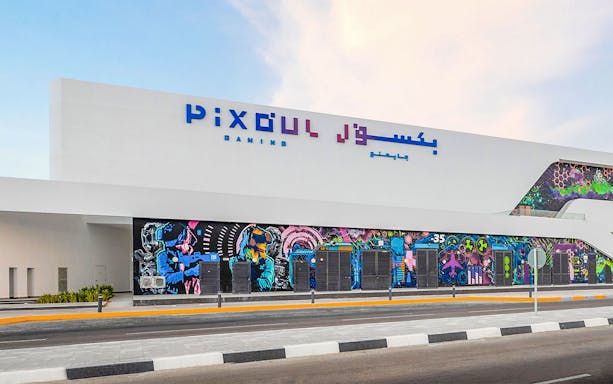 Pixoul Gaming exterior with vibrant VR-themed mural in Abu Dhabi.