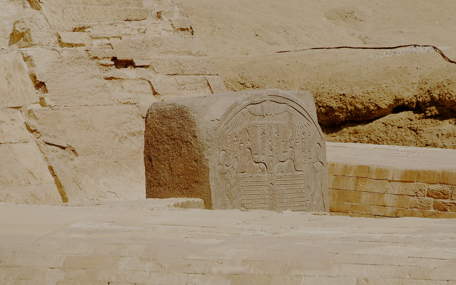 Dream Stele at the base of the Great Sphinx in Giza, Egypt.