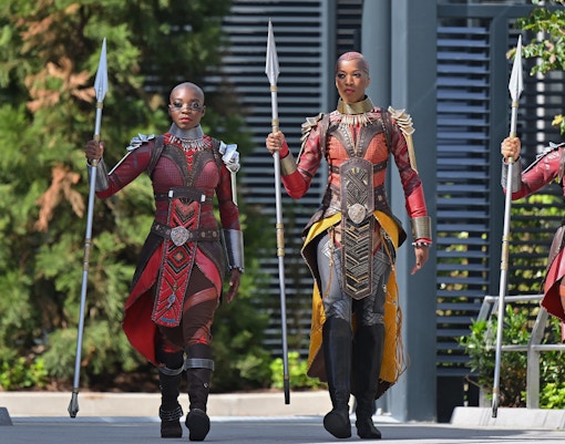 Warriors of Wakanda performance at Disneyland showcasing traditional attire and cultural dance.