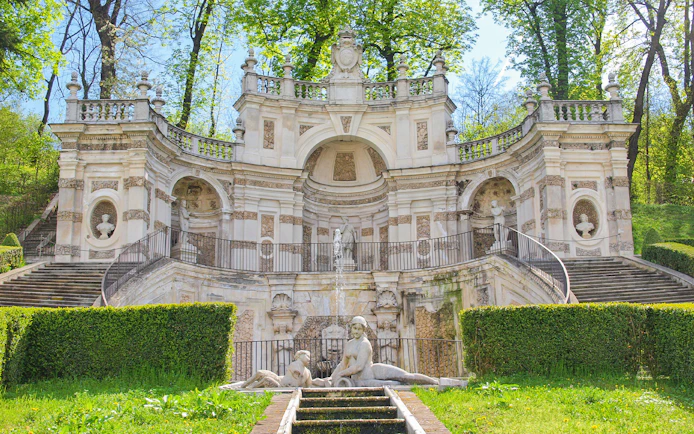 Baroque fountain and statues in Turin, Italy, part of the Royal Pass tour.