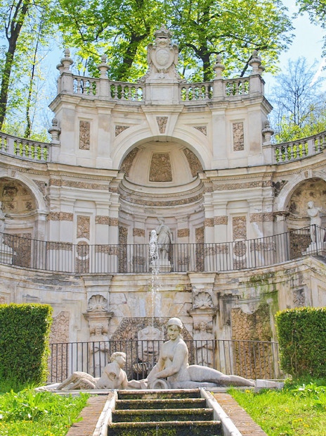 Baroque fountain and statues in Turin, Italy, part of the Royal Pass tour.
