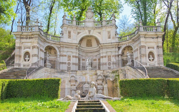 Baroque fountain and statues in Turin, Italy, part of the Royal Pass tour.