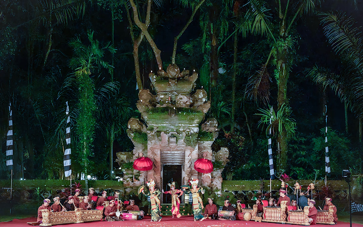 Legong dancers performing at Arma Museum Resort with traditional musicians in Bali.