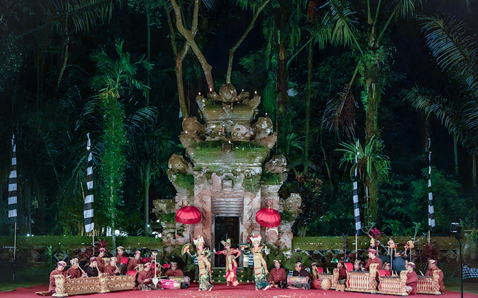 Legong dancers performing at Arma Museum Resort with traditional musicians in Bali.