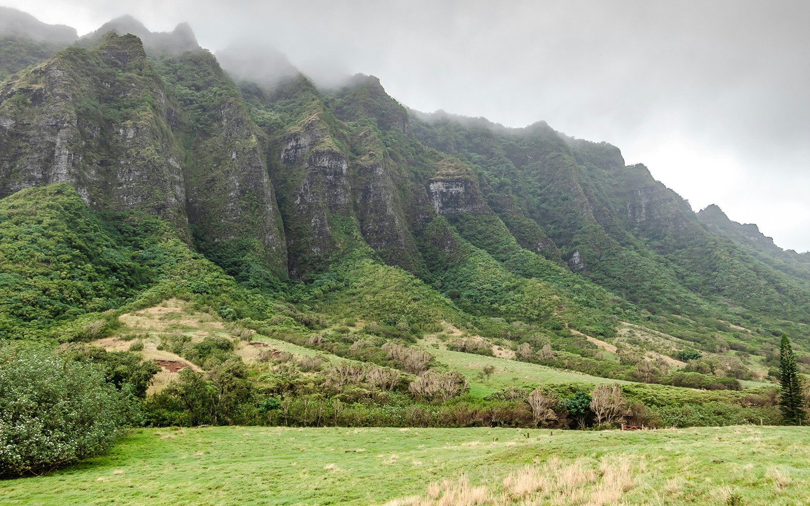 Kualoa Ranch lush green mountains in Hawaii with misty peaks.