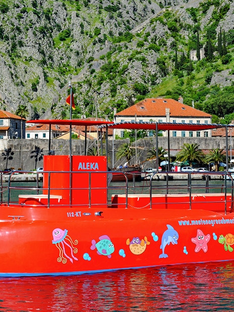 Speed boat in Boka Bay, Kotor with colorful marine designs.